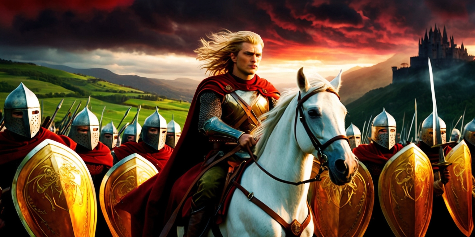 A sweeping cinematic illustration depicting a pivotal moment from The Lord of the Rings: The War of the Rohirrim movie, set against a dramatic, ominous sky with crimson hues and dark clouds gathering on the horizon, as the kingdom of Rohan teeters on the brink of war. In the foreground, a regal and determined Éomer, with his strong facial features, piercing blue eyes, and wind-swept blond hair, sits astride his majestic white horse, sword at the ready, as he rallies his Rohirrim warriors. The armor of the Rohirrim shines with a warm, golden light, adorned with intricate engravings and the emblem of the White Horse. The composition is dynamic, with bold brushstrokes and vivid colors, capturing the intensity and bravery of the Rohirrim as they prepare to face their enemies. In the background, the rolling green hills of Rohan stretch towards the mountains, with the fortress of Helm's Deep visible in the distance.