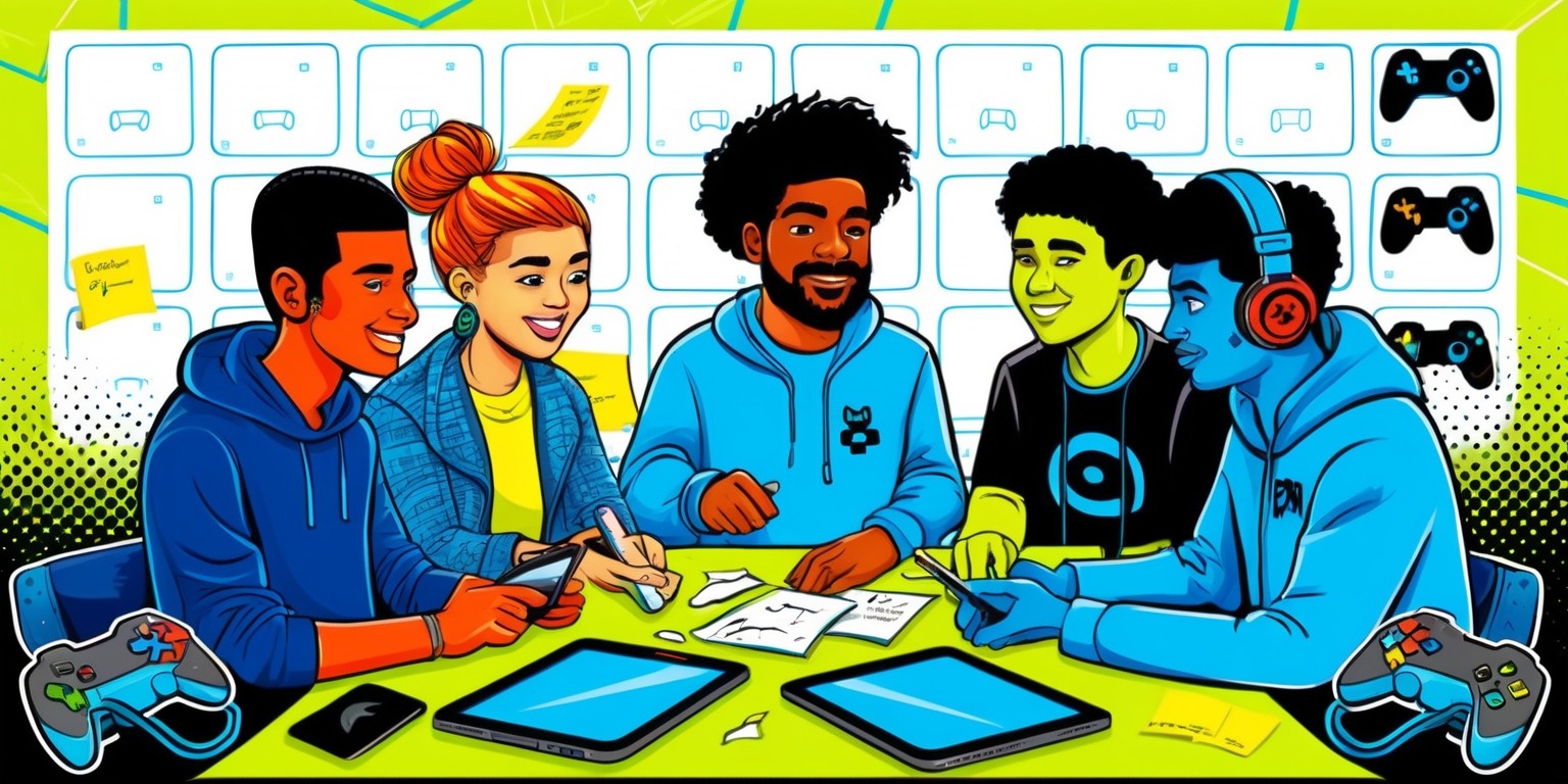 A vibrant and dynamic illustration depicting the intersection of diversity, equity, and inclusion in the realm of gaming, set against a stylized background featuring a subtle grid of gaming console buttons and controllers. At the center, a group of five individuals from diverse racial and ethnic backgrounds, each with unique facial features and hairstyles, are gathered around a table, engaged in a lively discussion, with laptops, tablets, and gaming headsets scattered around them. The individuals are dressed in casual, modern attire, with subtle hints of gaming-inspired accessories. One person is holding a whiteboard marker, surrounded by sticky notes andscribbled ideas, conveying a sense of collaboration and creative problem-solving. The color palette is bright and youthful, with shades of electric blue, lime green, and orange, conveying a sense of energy and innovation. The overall style is a fusion of digital art and graffiti, with bold lines, geometric shapes, and playful textures.