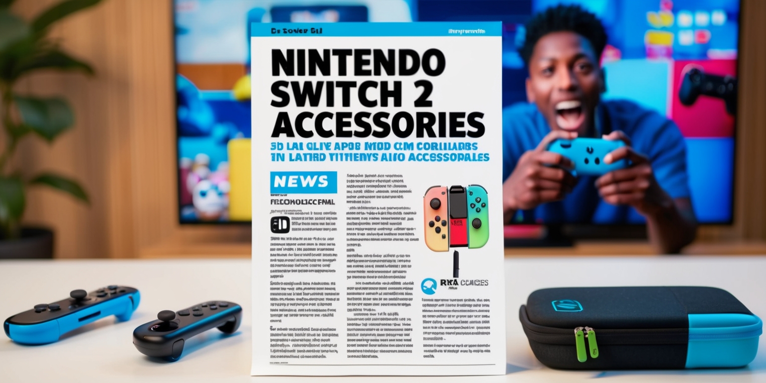 A news article on a desk with a headline reading Nintendo Switch 2 accessories in bold black font on a white background, surrounded by colorful images of various gaming accessories such as controllers, headsets, and carrying cases, with a few sentences of text in a clean, modern font, describing the latest news and releases, and in the background a blurred image of a person with diverse facial features and skin tone, sitting in front of a television, excitedly playing a game on their Nintendo Switch 2 console, with a few logos of well-known gaming brands embedded in the article, in a bright and vibrant color scheme, with a mix of bright blues and whites.