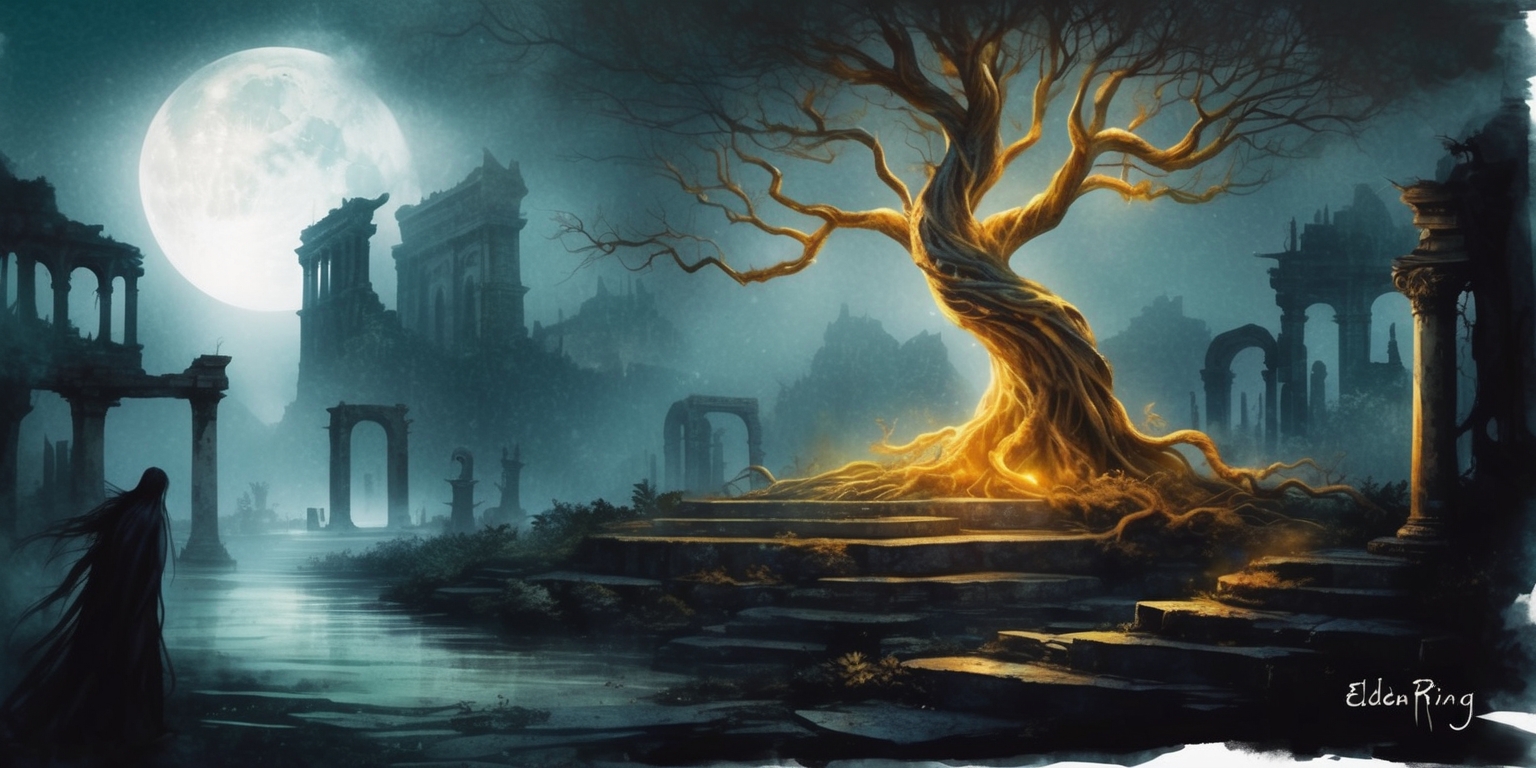 A hauntingly beautiful illustration inspired by the dark fantasy world of Elden Ring, featuring a majestic, glowing tree with twisted, ethereal branches set against a misty, moonlit backdrop of ruins and ancient architecture, with subtle, eerie silhouettes of unknown figures lurking in the shadows, rendered in a mix of watercolor and digital media with bold brushstrokes, vibrant earthy tones, and an sense of foreboding mystery, with intricate details and textures that evoke a sense of worn, weathered stone and ancient, forgotten knowledge.