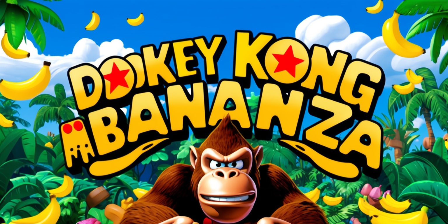 A vibrant and colorful illustration of the classic Donkey Kong Bananza game, featuring a gigantic ape Donkey Kong at the center, surrounded by lush green jungle foliage, with bright blue skies and fluffy white clouds in the background, and a variety of colorful bananas scattered throughout the scene, with the game's logo prominently displayed in bold, golden lettering, with a fun and playful font style, and a mix of warm and cool colors to evoke a sense of excitement and energy, with Donkey Kong's facial features prominently displayed, showcasing his fierce and determined expression, and a few bananas in the foreground, with the game's title and logo overlaid on top of the image in a stylish, curved line.