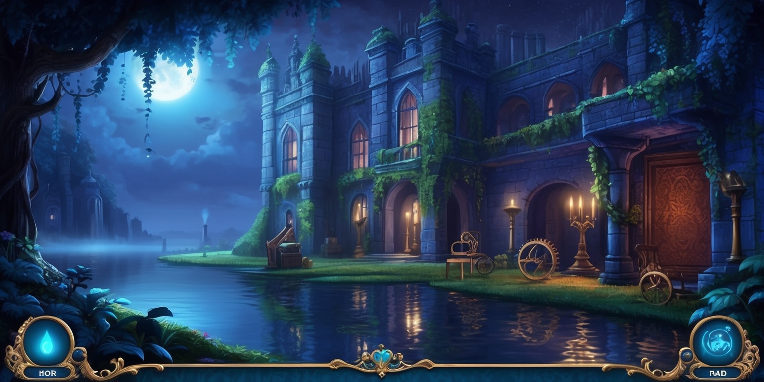 A gorgeously illustrated, mystical scene depicts the ancient manor from the Blue Prince game, set against a backdrop of deep blues and purples, evoking an air of mystery and intrigue. The manor's intricate stone walls, adorned with vines and moss, rise from a misty, moonlit lake, where a subtle, shimmering glow hints at the significance of water control systems. Amidst the lush foliage, ornate pumps, gears, and levers are scattered, awaiting player interaction to unravel the secrets hidden within. Inside the manor, subtle ambient decorations, such as candelabras and tapestries, add layers of depth and complexity, hinting at a rich narrative waiting to be uncovered. The atmosphere is tense and suspenseful, inviting players to embark on a strategic, puzzle-filled adventure through the mysterious world of Blue Prince.