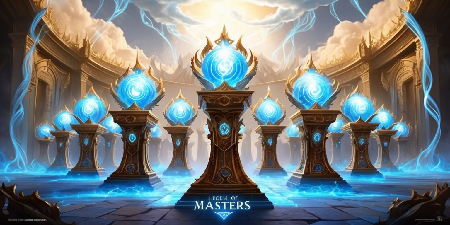 A visually stunning illustration of a fantasy realm, depicting the League of Masters game in a grand, ornate arena, set against a backdrop of mystical clouds and wispy tendrils of mist. The atmosphere is electric, with soft, golden lighting casting dramatic shadows on the stone walls and floor. In the foreground, a group of intricately designed, ornate pedestals hold aloft majestic, glowing orbs, each representing a different master, with unique, ethereal auras surrounding them. The pedestals are embellished with intricate carvings and mysterious, ancient runes that shimmer with a soft, blue light. The overall style is a blend of magical realism and high fantasy, with bold lines, vibrant colors, and exquisite details that invite the viewer to step into the world of the League of Masters.