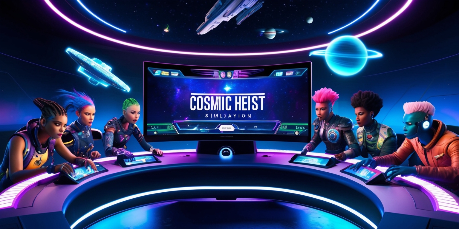A futuristic, neon-lit galaxy-themed gaming arena with a sleek, high-tech console displaying the Cosmic Heist simulation game on a large, curved screen, surrounded by a group of five diverse, futuristic-looking players with unique characteristics, such as cybernetic implants, vibrant hairstyles, and eclectic clothing, intensely focused on their mission, with holographic projections of stars, planets, and spaceships floating above the console, amidst a backdrop of dark blues and purples, with flashlights of bright, electric blues and whites accentuating the game's UI elements, logos, and buttons, and subtle, ambient lighting that pulsates in rhythm with the game's energetic soundtrack.