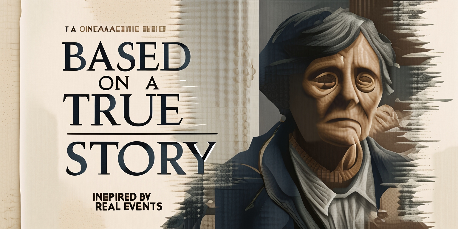 A cinematic poster for the Based on a True Story series, featuring a hauntingly realistic illustration of a moment from a real-life event, set against a muted, earthy tone background with creamy whites and weathered grays, evoking a sense of nostalgia and mystery. The dominant image is a photorealistic depiction of a person or people involved in the true story, with intricate details on their facial features, clothes, and surroundings. The title of the series, Based on a True Story, is emblazoned in bold, serif font across the top of the poster in a metallic silver color, with the tagline Inspired by Real Events written in smaller text at the bottom in a subtle, cursive script. The overall design has a sense of worn, vintage quality to it, as if the poster has been distressed to give it a retro feel.