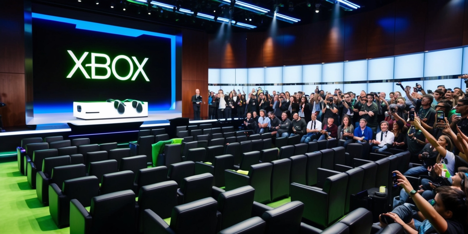 A brightly lit, modern conference room filled with sleek, futuristic podiums and rows of comfortable, black leather chairs, illuminated by a vibrant LED stage lighting system, featuring a massive, high-definition screen displaying the Xbox logo in bold, electric blue and lime green fonts, surrounded by a sea of excited gamers, influencers, and media personnel, all eagerly awaiting the unveiling of the latest Xbox console, with some individuals capturing the moment on their smartphones, while others enthusiastically chatting and laughing, against a backdrop of dark, polished wood paneling and gleaming, metallic accents, with a sense of anticipation and energy filling the air.