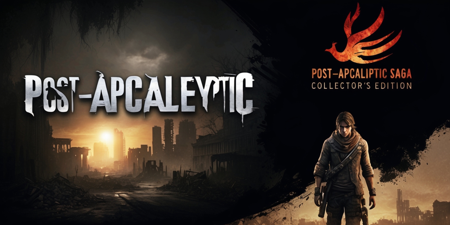 A dramatic visual representation of a Post-Apocalyptic Saga Collector's Edition game, set against a dark and ominous backdrop with hints of a ravaged world, featuring a bold, eye-catching font with the game's title in a metallic silver color, alongside a hauntingly beautiful image of a lone survivor with worn, rugged clothing, and a determined gaze, with a subtle, warm glow of a setting sun casting a golden light on the ruins of a once-thriving cityscape, incorporating earthy tones of brown, gray, and beige, with the game's logo, a stylized, abstract symbol of a phoenix rising from the ashes, in a deep, fiery red color, positioned prominently at the top of the image, all carefully composed to convey a sense of resilience and hope in a desolate, post-apocalyptic world.